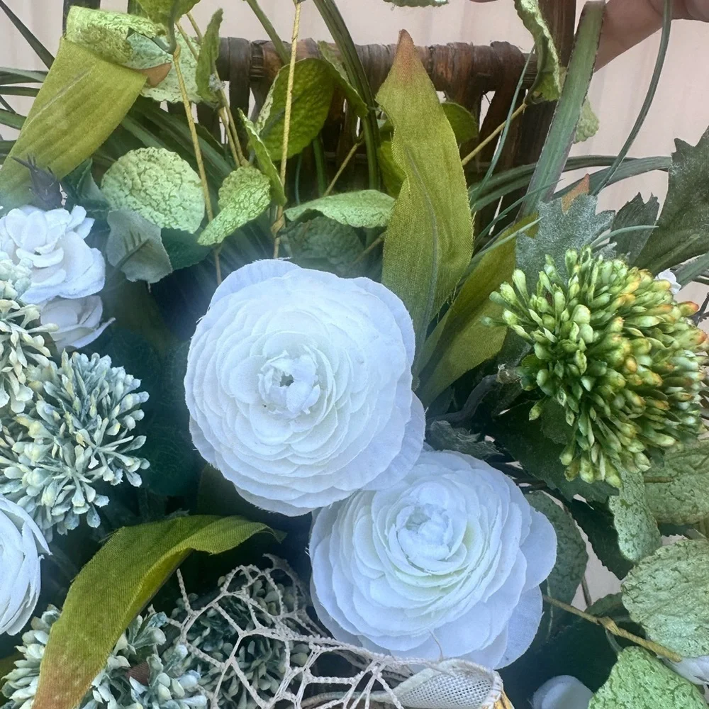 Farmhouse handmade White and Green Faux Floral Arrangement wicker basket